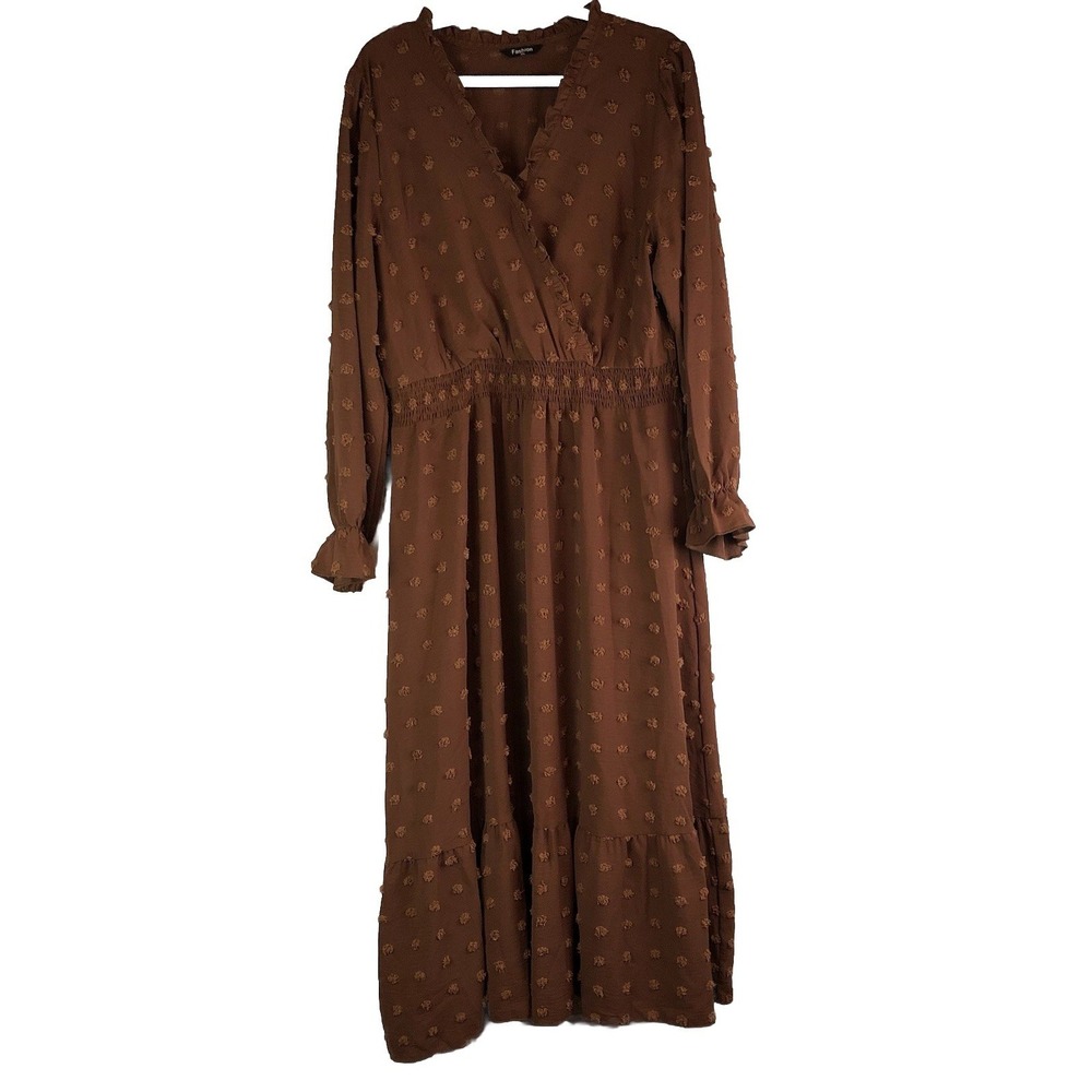 Fashion Womens Maxi Dress‎ Size XXL Brown Boho Swiss Dot Long Sleeve Ruffle